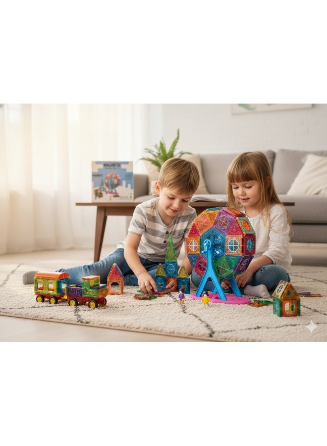 Magni Mates 120PCS Magnetic Building Tiles Set with Ferris Wheel, Vehicles and Figures STEM Construction Toy for Creative Learning and Imaginative Play - Image 2